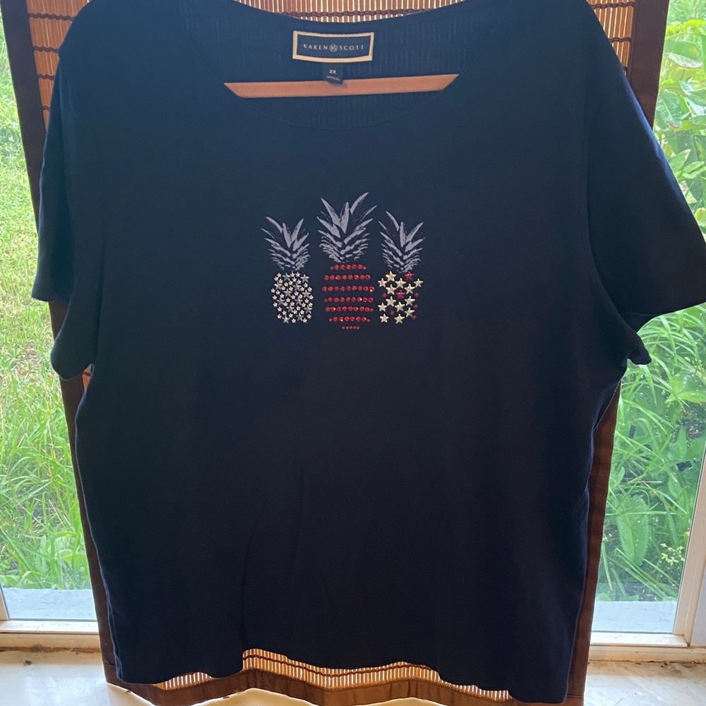 Karen Scott Navy Blue Short Sleeve Tee with Pineapple Design